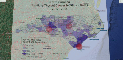 NC Nuclear Plants and Transmission Lines vs Papillary Thyroid Cancer 2012 - 2016
